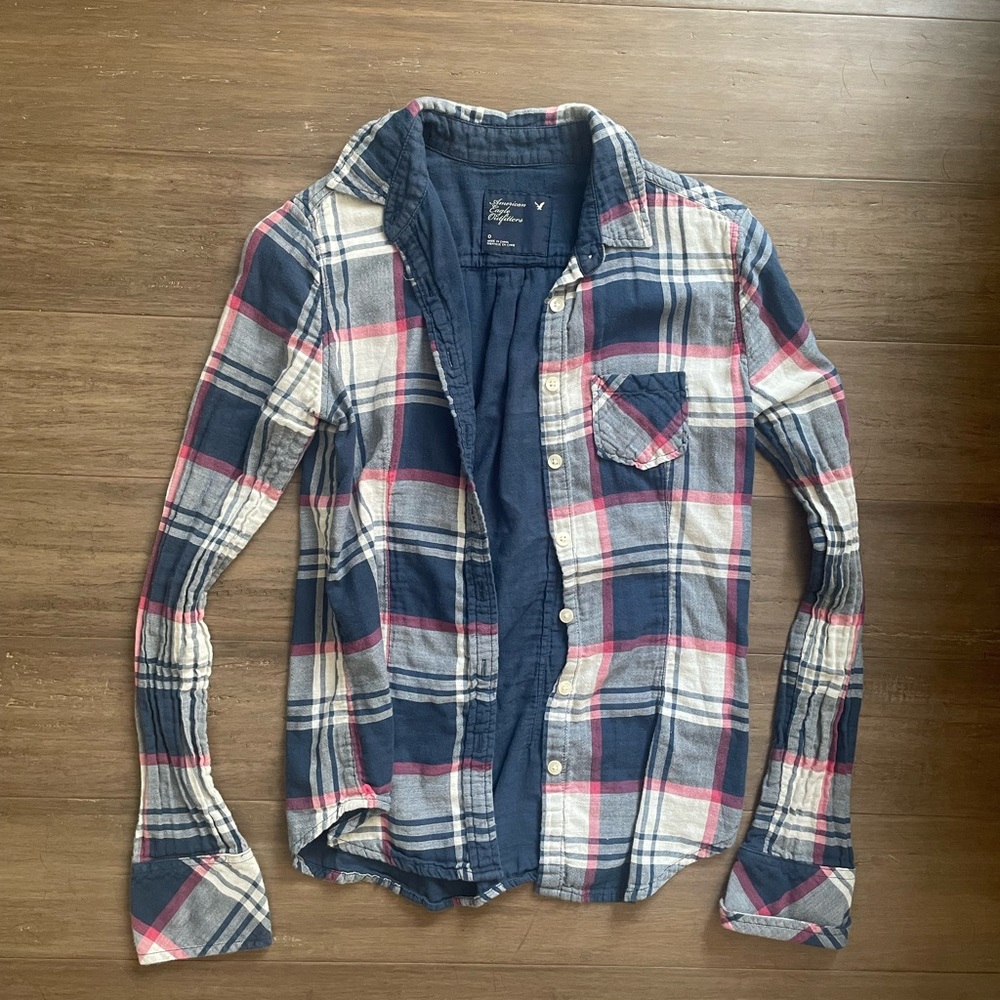 AE FLANNEL LOUNGE PLAID BUTTON DOWN SHIRT BLUE/WHITE 0